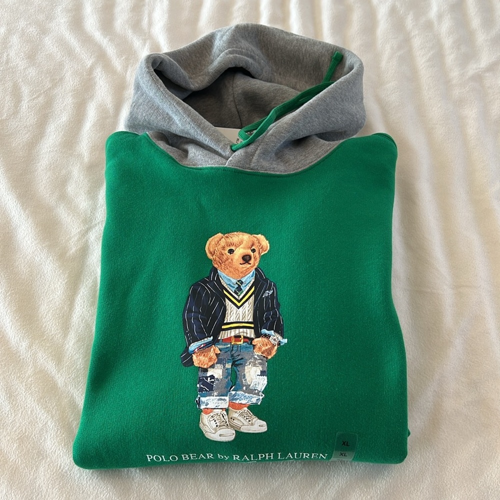 🎉Host Pick🎉Polo Ralph Lauren Green Polo Bear Hoodie w/ Navy Striped Sleeves XL - Picture 1 of 13